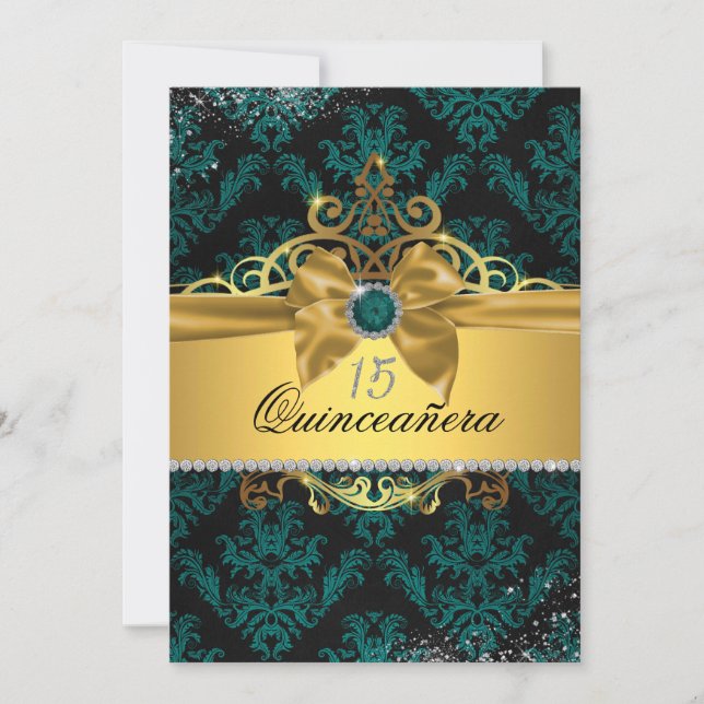 Teal Gold Elegant Damask Quinceanera Invite (Front)