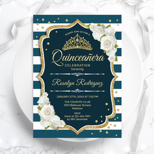 Teal Gold Elegant Quinceanera Invitation (Creator Uploaded)