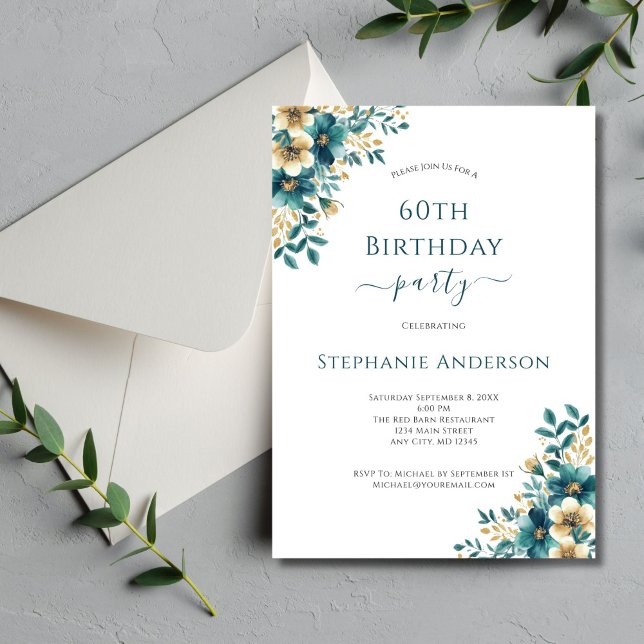 Teal Gold Elegant Watercolor Floral 60th Birthday Invitation (Teal gold watercolor florals 60th ( or any year ) elegant birthday party invitation. Printed or Digi)