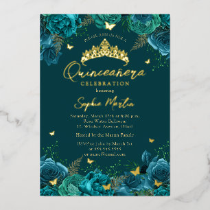 Teal Gold Enchanting Floral Butterfly Quinceanera