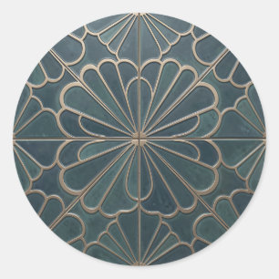 Teal Gold Fan Pattern Art Deco Geometric Classic Round Sticker