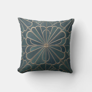 Teal Gold Fan Pattern Art Deco Geometric Cushion
