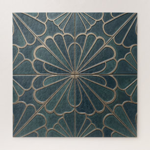 Teal Gold Fan Pattern Art Deco Geometric Jigsaw Puzzle