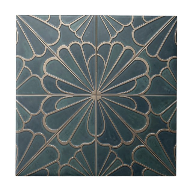 Teal Gold Fan Pattern Art Deco Geometric Tile (Front)