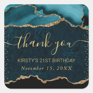 Teal & Gold Faux Glitter Agate Marble Birthday Square Sticker