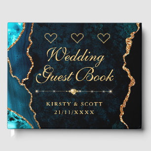 Teal & Gold Faux Glitter Agate Wedding Guest Book