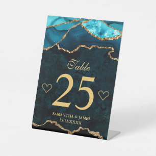 Teal Gold Faux Glitter Agate Wedding Table Number Pedestal Sign