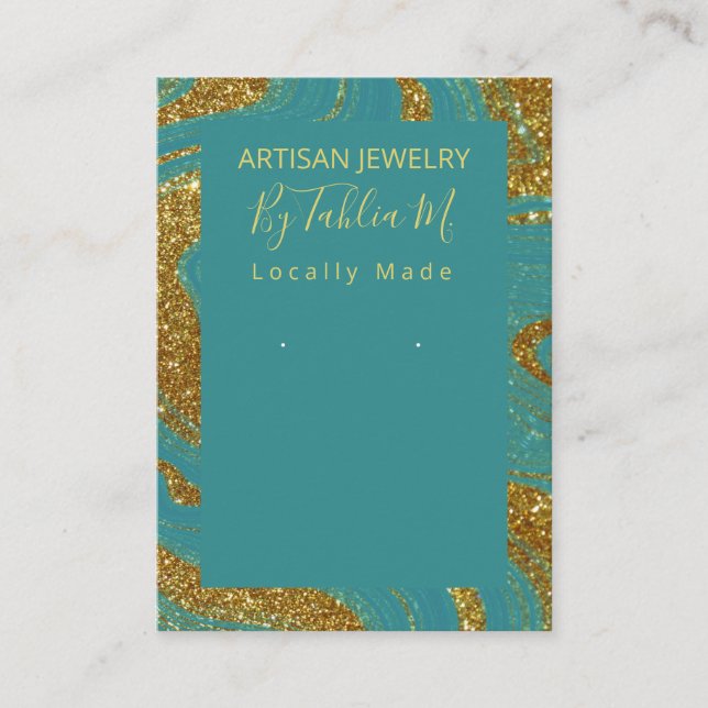 Teal Gold FAUX Glitter Handmade Earring Display Business Card (Front)