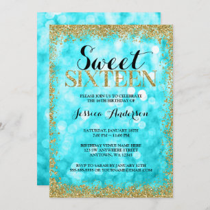 Teal Gold Faux Glitter Lights Sweet 16 Birthday Invitation