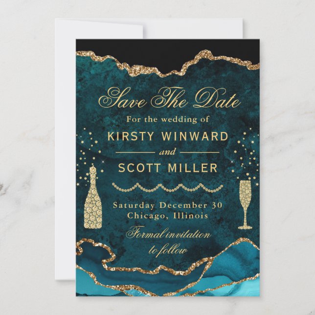 Teal & Gold Faux Glitter Marble Agate Wedding Save The Date (Front)