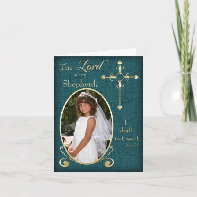 Teal Gold First Communion Photo Thank You Card (Front)
