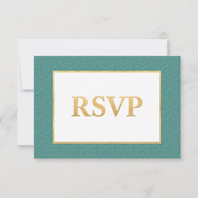 Teal & Gold Fleur De Lis Wedding RSVP Card (Front)