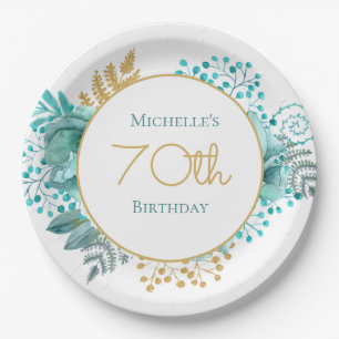 Teal Gold Floral 70th Birthday   Paper Plate
