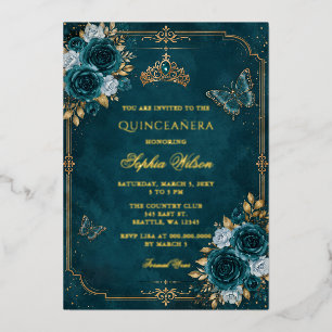 Teal Gold Floral Butterfly Quinceañera