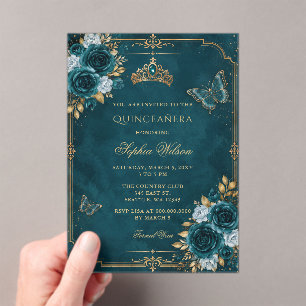 Teal Gold Floral Butterfly Quinceañera Acrylic Invitations