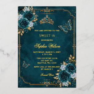 Teal Gold Floral Butterfly Sweet 16