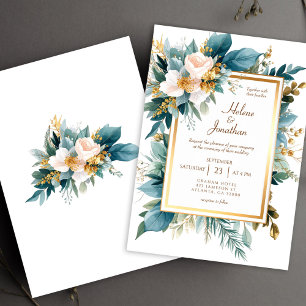 Teal Gold Floral Garden Boho Elegant Wedding Invitation