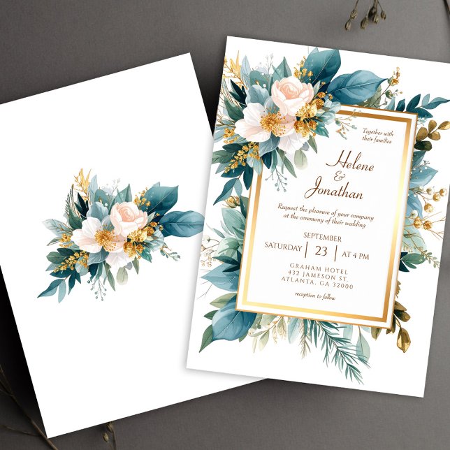 Teal Gold Floral Garden Boho Elegant Wedding Invitation (Teal Gold Floral Garden Boho Elegant Wedding Invitation)