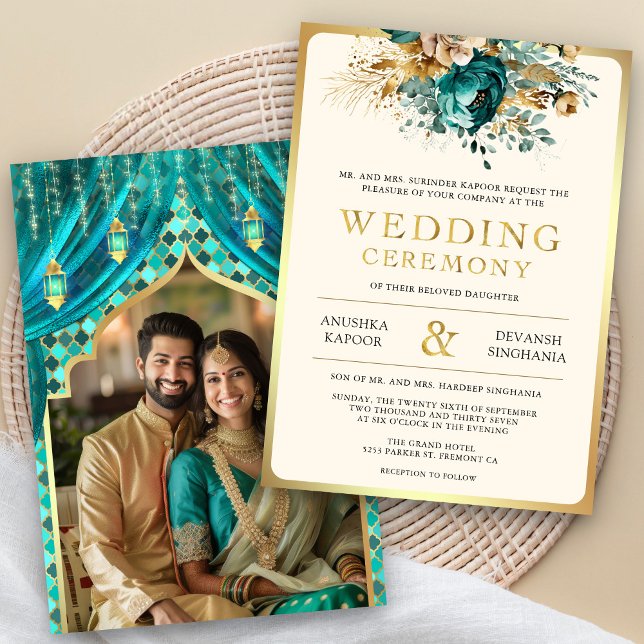 Teal Gold Floral Indian Hindu Photo Wedding Invitation (Creator Uploaded)
