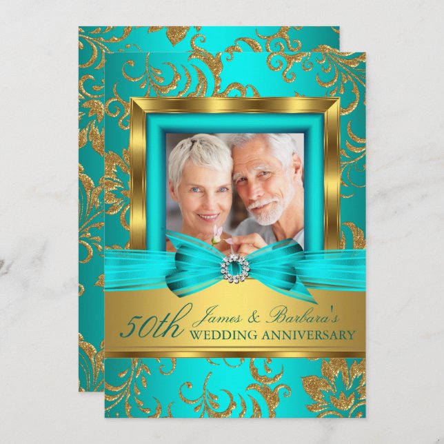 Teal Gold Floral Photo 50th Wedding Anniversary Invitation (Front/Back)