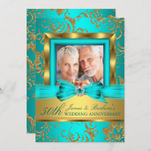 Teal Gold Floral Photo 50th Wedding Anniversary Invitation