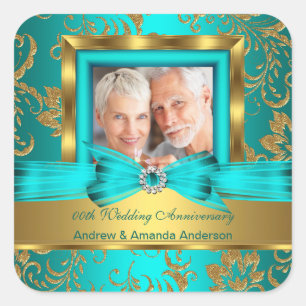 Teal Gold Floral Photo 50th Wedding Anniversary Sq Square Sticker