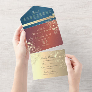 Teal Gold Floral Photo Wedding All In One Invitation