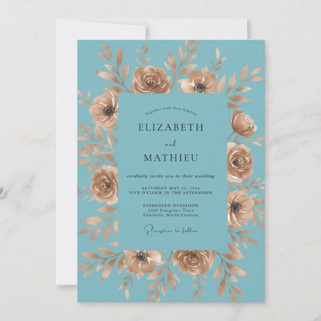 Teal Gold Floral Romantic Wedding Invitation (Front)