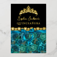 Teal Gold Floral Rose Quinceanera