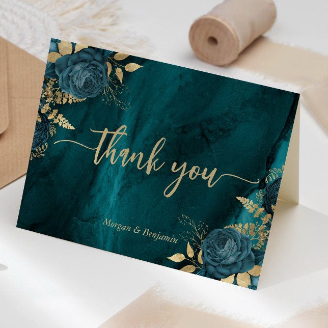 Teal Gold Floral Script Wedding Thank You Card (Creator Uploaded)