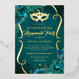 Teal Gold Floral Scroll Masquerade Quinceanera