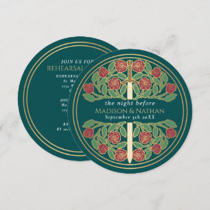Teal Gold Floral Sword Royal Wedding Rehearsal  Invitation