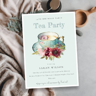 Teal Gold Floral Teacup Any Age Birthday Tea Party Invitation