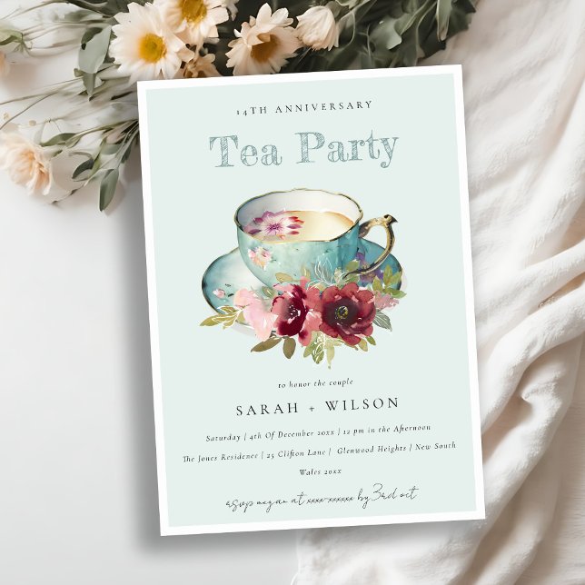Teal Gold Floral Teacup Any Year Anniversary Party Invitation (Creator Uploaded)
