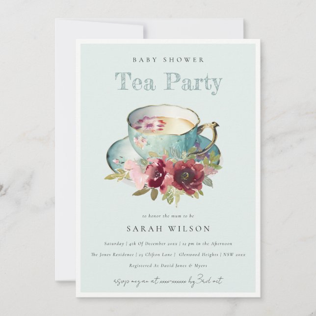 Teal Gold Floral Teacup Baby Shower Tea Party Invitation (Front)