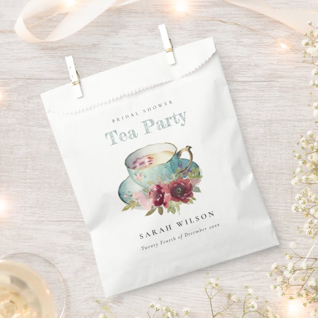 Teal Gold Floral Teacup Bridal Shower Tea Party Favour Bags (Clipped)