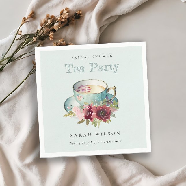 Teal Gold Floral Teacup Bridal Shower Tea Party Napkin (Creator Uploaded)
