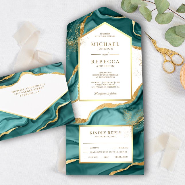 Teal Gold Foil Abstract Fluid Ink Wedding All In One Invitation (Creator Uploaded)