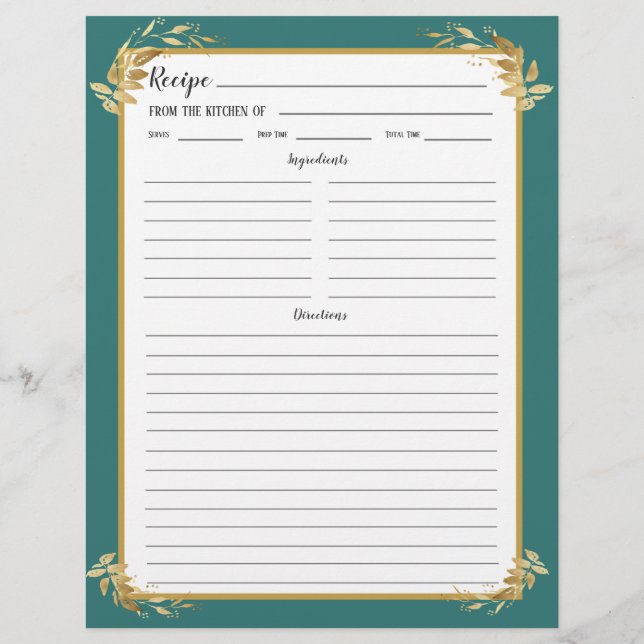 Teal Gold Foliage Recipe Binder Page (Back)