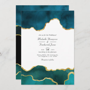 Teal & Gold Geode Agate Stone QR Code RSVP Wedding Invitation
