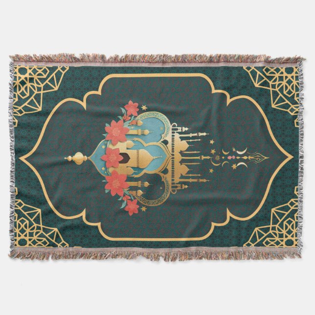 Teal Gold Geometric Home Rug Mihrab Throw Blanket (Front)