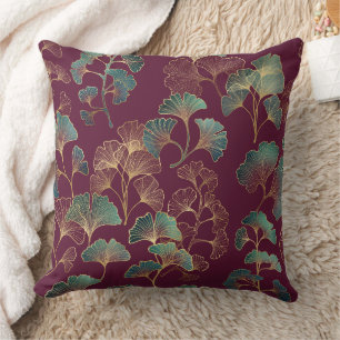 Teal & Gold Ginkgo Leaves on Burgundy Cushion