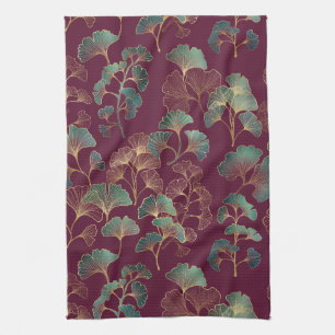 Teal & Gold Ginkgo Leaves on Burgundy Tea Towel