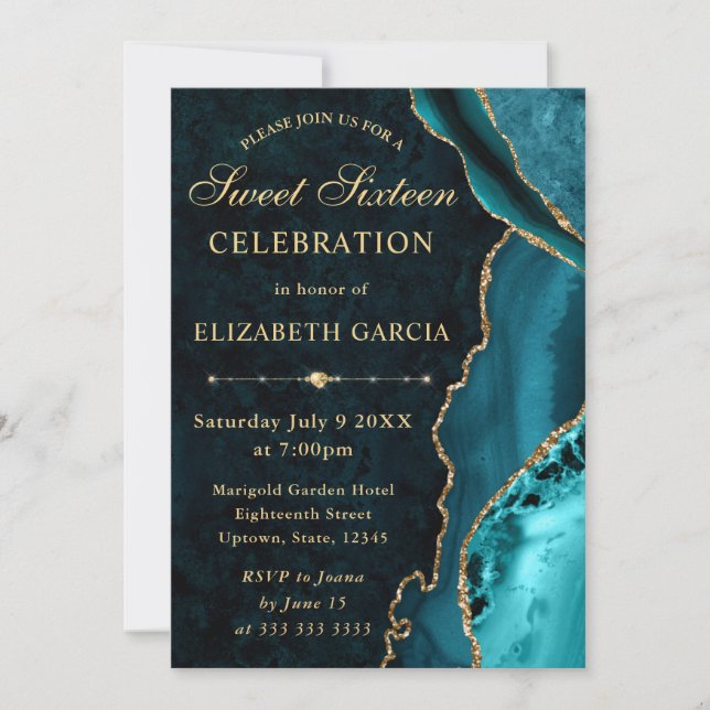 Teal & Gold Glitter Agate and marble Sweet 16 Invitation (Front)