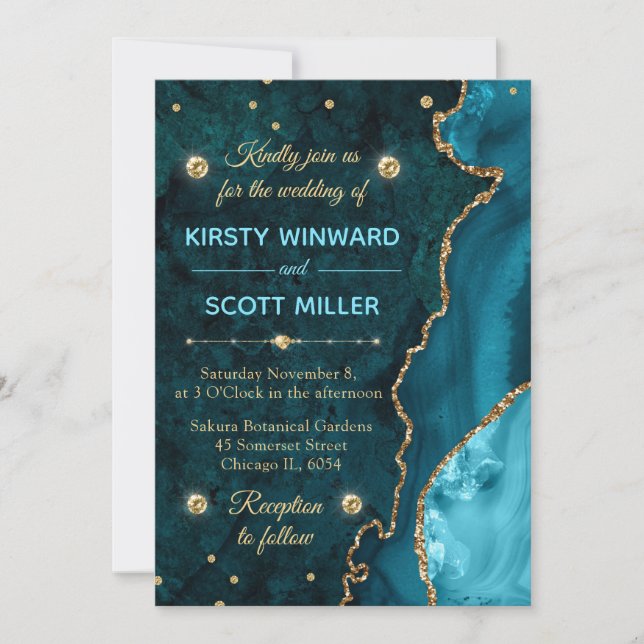 Teal & Gold Glitter Agate and marble Wedding Invitation (Front)