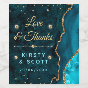 Teal & Gold Glitter Agate and marble Wedding Wine Label