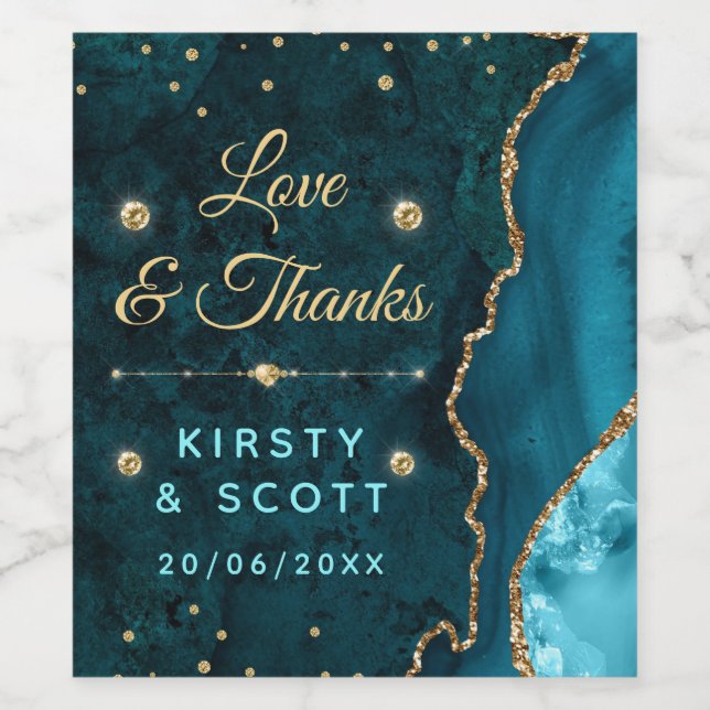 Teal & Gold Glitter Agate and marble Wedding Wine Label (Single Label)