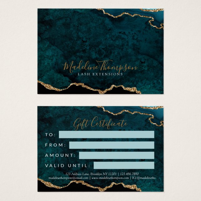 Teal Gold Glitter Agate Business Gift Certificate (Front & Back)