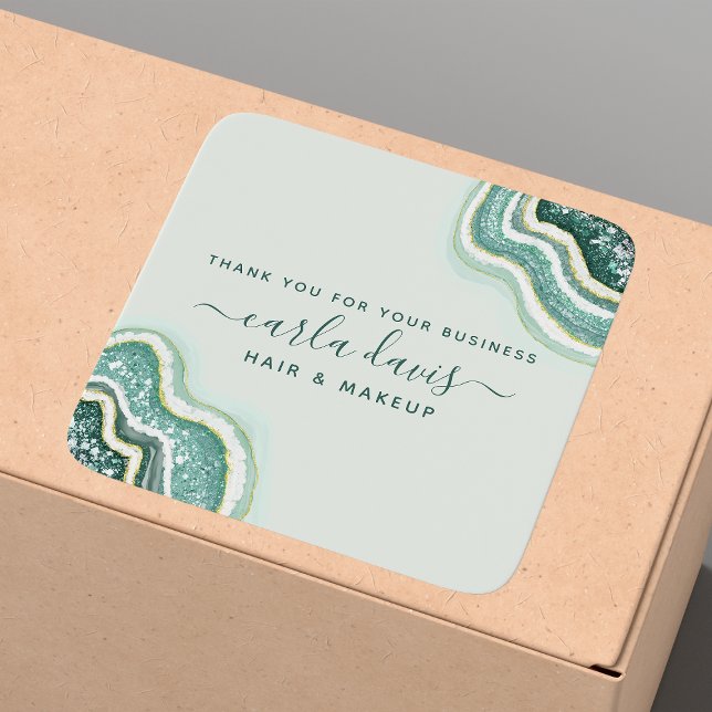 Teal Gold Glitter Agate Geode Business Thank You Square Sticker (Creator Uploaded)
