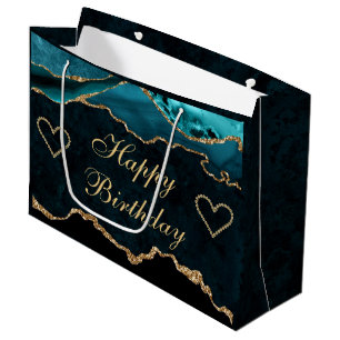 Teal & Gold Glitter Agate Happy Birthday Large Gift Bag